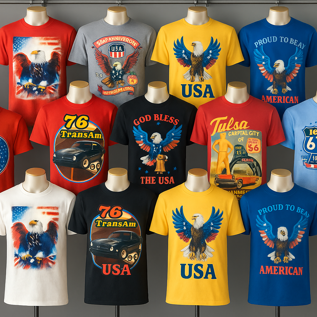  A colorful and vibrant image showcasing a variety of T-shirts with different custom prints. The shirts should be displayed on mannequins in a visually appealing arrangement. The prints should be diverse, ranging from simple logos to complex designs. Bright, studio lighting will enhance the colors and details of the shirts. Style: Photorealistic. Technical specs: 4K resolution, high-quality rendering.