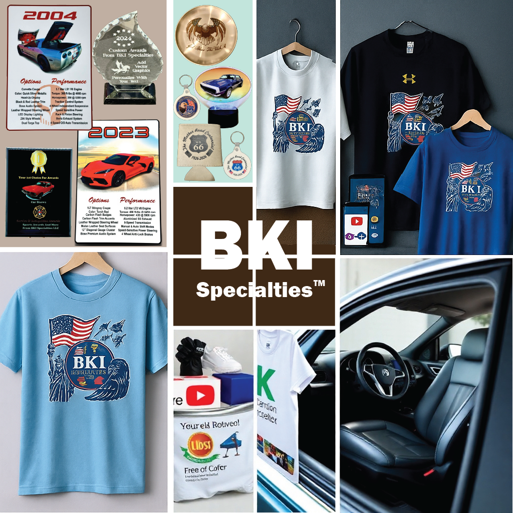 A collage image showcasing a variety of custom-made products, including laser-cut signs, printed T-shirts, UV-printed promotional items, and a car with a detailed interior. The products should be arranged in a visually appealing manner, showcasing the diversity of BKI Specialties LLC's offerings. Soft, diffused lighting will create a warm and inviting atmosphere. Style: Photorealistic. Technical specs: 4K resolution, high-quality rendering.