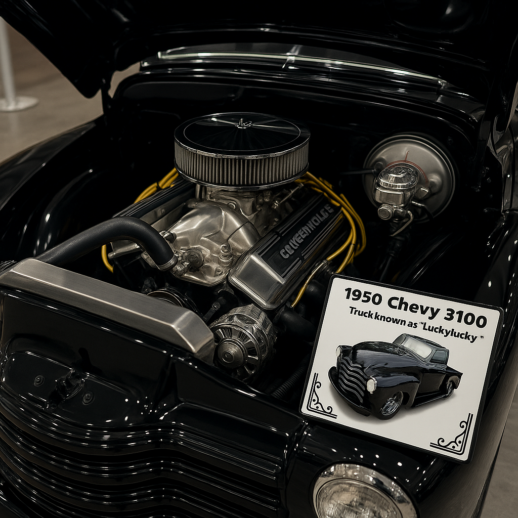 Create a photorealistic image showcasing a custom car show board highlighting the engine of a classic muscle car. The engine bay should be brightly lit, revealing the chrome and intricate details. The show board should have a cutaway diagram of the engine, with informative text and arrows pointing to key components. The color palette should be vibrant, emphasizing the power and beauty of the engine. The background should be slightly blurred to keep the focus on the engine and the board.