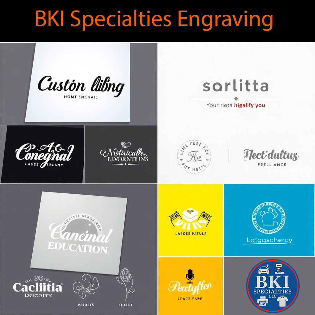 A 4K image displaying various custom design templates and options for laser engraving. The image shows different fonts, logo placements, and design elements available for clients to choose from. The lighting is bright and clear, showcasing the range of customization options. The color palette is vibrant and customizable, reflecting the flexibility of the service. Style reference: Graphic design with a focus on customization and design.