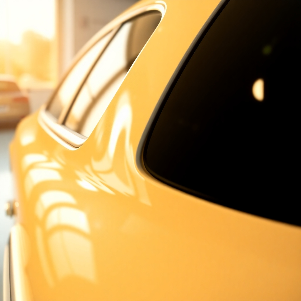 A car with a sparkling clean and polished exterior after a detailing service. Sunlight reflecting off the clean surface. Clean, modern setting. Technical: 4K, wide-angle.