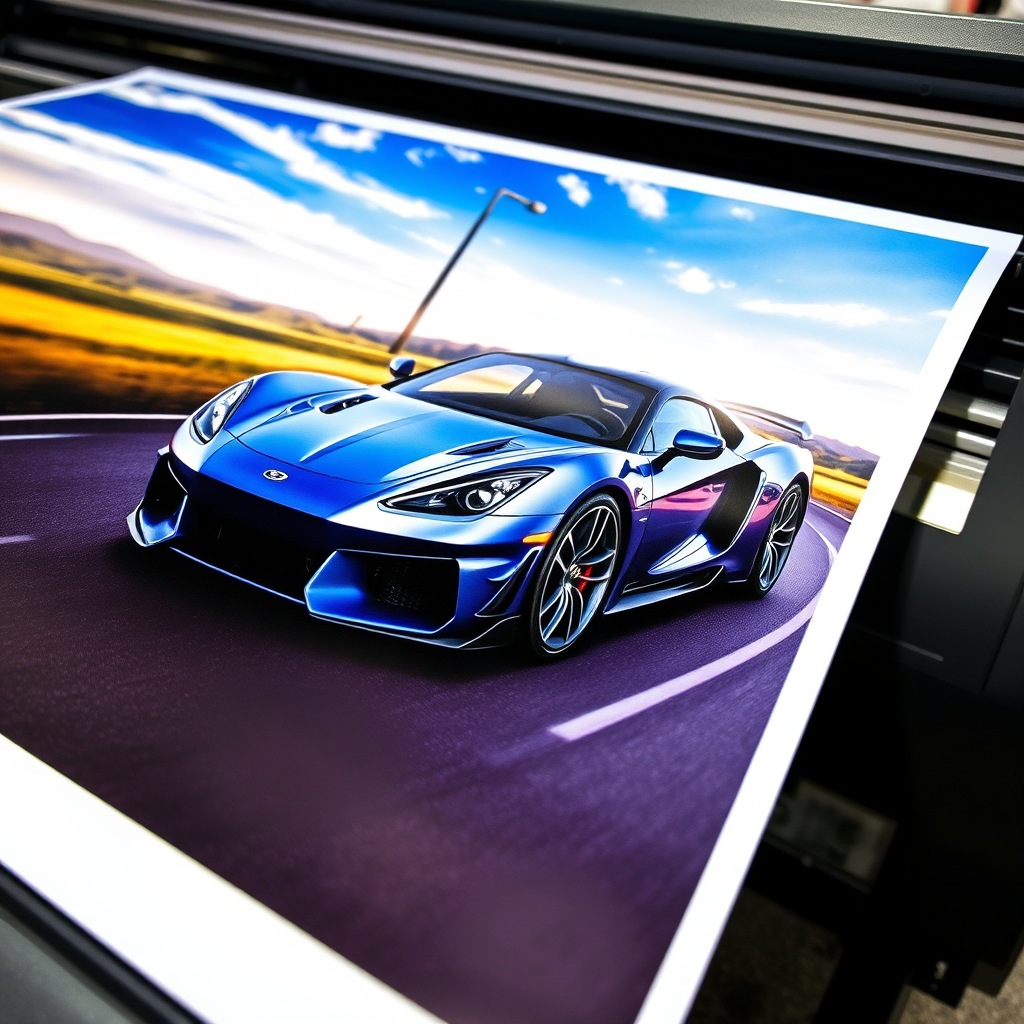 A close-up image of a high-resolution printer producing a car show board, highlighting the detail and color accuracy.