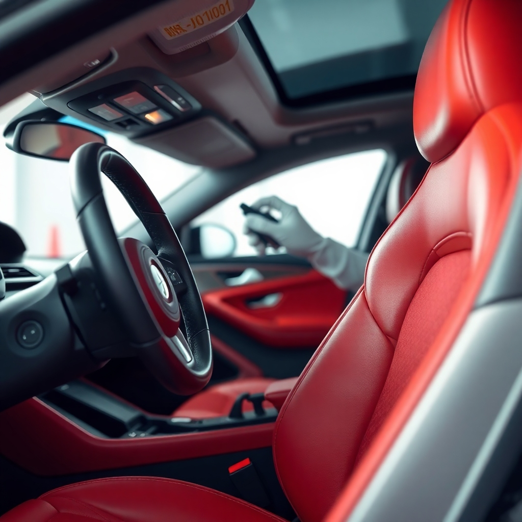 A close-up shot of a car's interior being meticulously detailed. The image should focus on the clean surfaces, polished leather, and attention to detail. Soft, focused lighting will highlight the quality of the detailing work. Style: Photorealistic. Technical specs: 4K resolution, high-quality rendering.