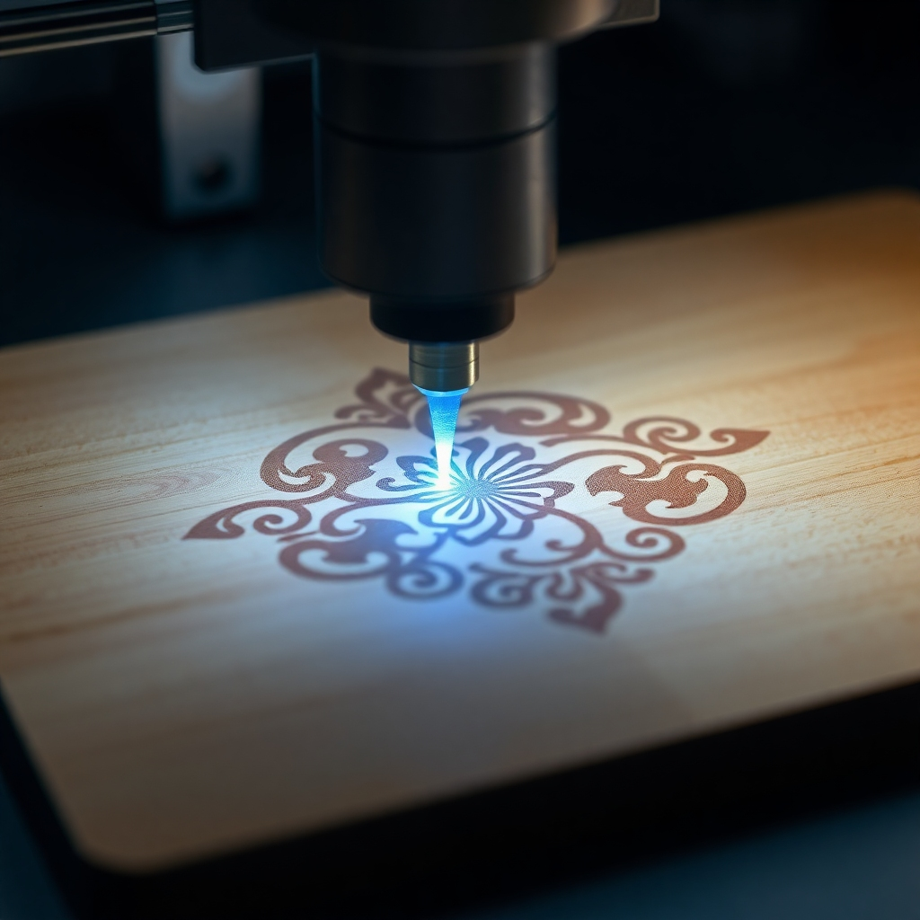  A close-up shot of a laser engraving machine precisely etching a complex design onto a piece of wood. The laser beam should be visible, creating a bright contrast against the dark wood. The design should be intricate and detailed, showcasing the capabilities of the laser engraving process. Soft, focused lighting will highlight the details of the design. Style: Photorealistic. Technical specs: 4K resolution, high-quality rendering.