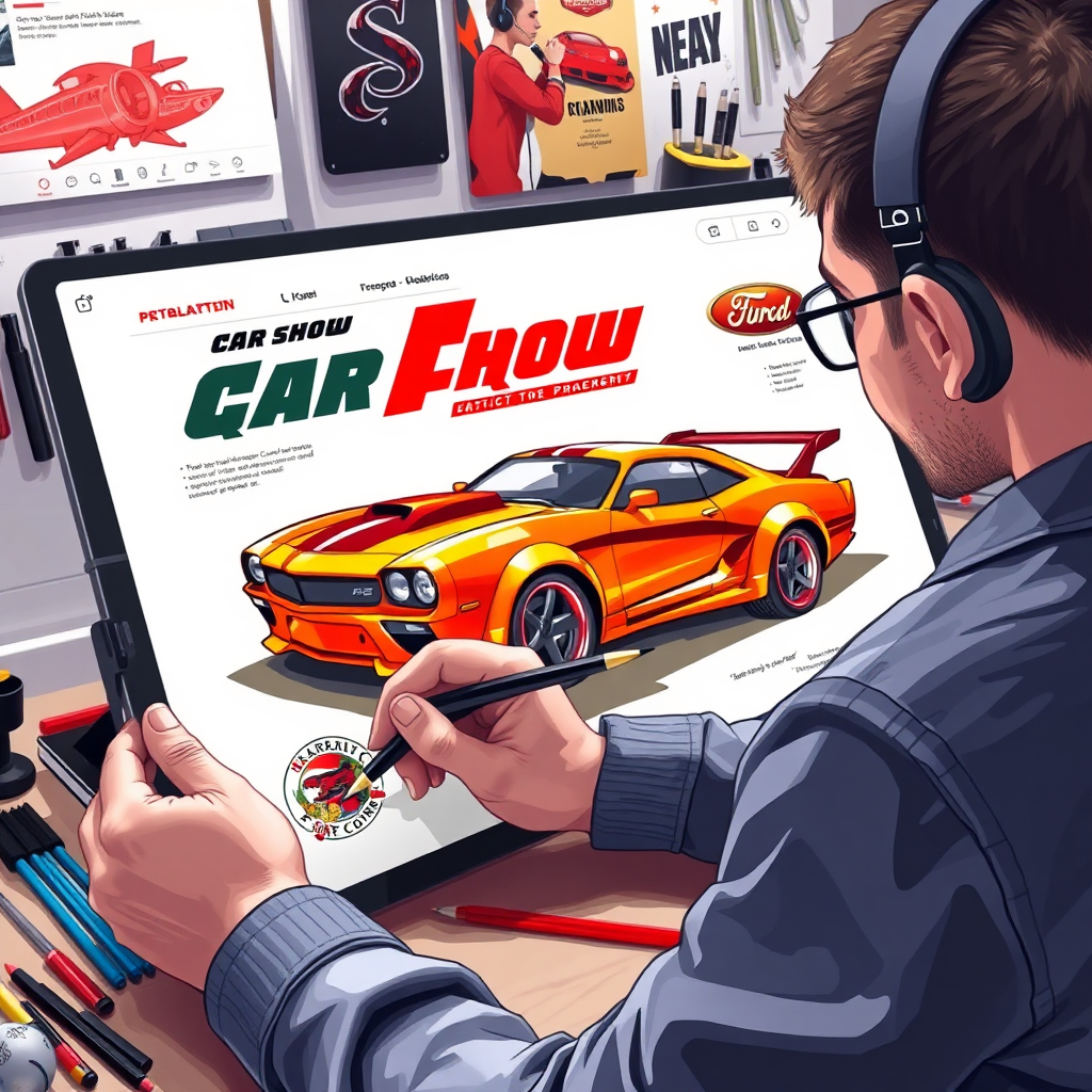 A digital artist working on a car show board design using a tablet, showcasing creative tools and a vibrant color palette.