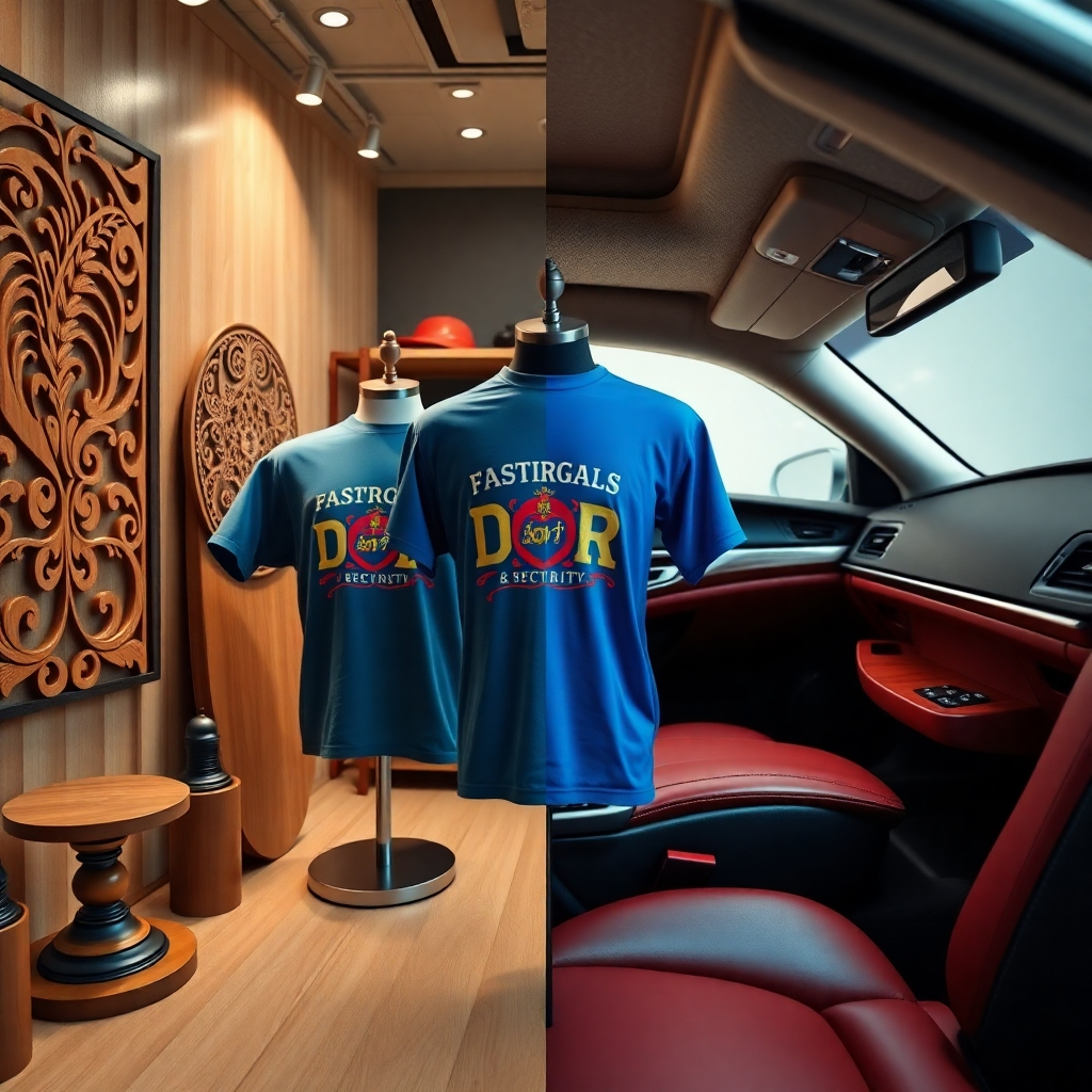 A photorealistic, ultra-high-quality header image showcasing the diverse services of BKI Specialties LLC. The image should feature a split composition: the left side highlighting laser-crafted wooden art with intricate designs and vibrant T-shirts with custom prints displayed on mannequins. The right side should showcase a meticulously detailed car interior, emphasizing the clean surfaces and polished leather. Soft, diffused lighting should illuminate the entire scene, creating a warm and inviting atmosphere. The color palette should consist of rich, natural tones for the laser crafts, vibrant hues for the T-shirts, and sleek, cool tones for the car detailing. A wide-angle shot will capture the breadth of BKI Specialties LLC's offerings. Include subtle details such as tools, materials, and branding elements to enhance the visual narrative. Style: Hyperrealistic photography. Technical specs: 8K resolution, detailed textures, professional studio lighting.