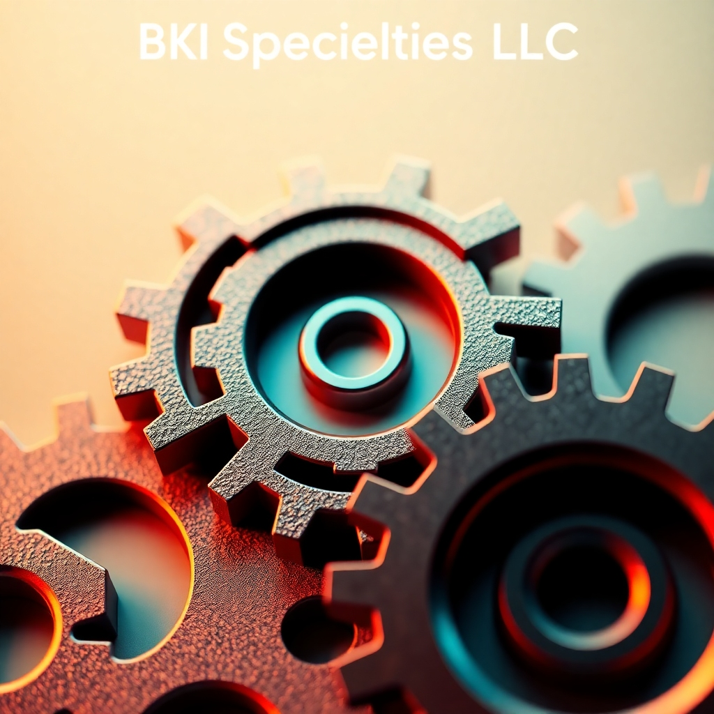 A stylized image representing the core values of BKI Specialties LLC. The image should feature interconnected gears symbolizing the synergy of laser crafting, T-shirt printing, UV printing, and car detailing. Each gear should be subtly textured to represent the different materials and processes involved. The color palette should be a blend of warm and cool tones, representing creativity and precision. Soft, ambient lighting will create a sense of innovation and professionalism. A macro shot emphasizing the intricate details of the gears, symbolizing the company's dedication to quality and craftsmanship. Style: Modern, geometric design. Technical specs: 4K resolution, high-quality rendering.