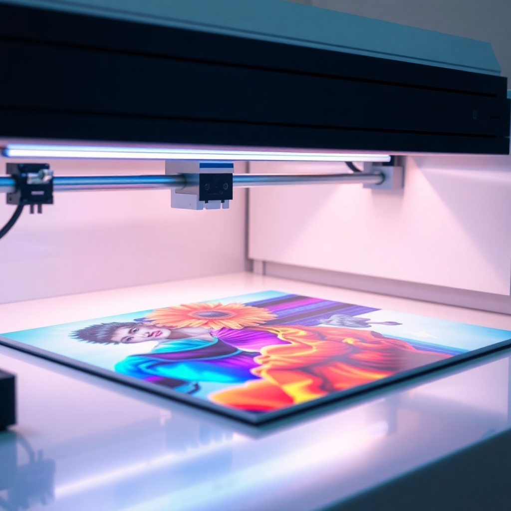  A UV printer applying a vibrant image onto a flat surface. The UV light should be visible, curing the ink instantly. The image being printed should be colorful and detailed, showcasing the capabilities of UV printing. Clean, professional lighting will highlight the printing process. Style: Photorealistic. Technical specs: 4K resolution, high-quality rendering.