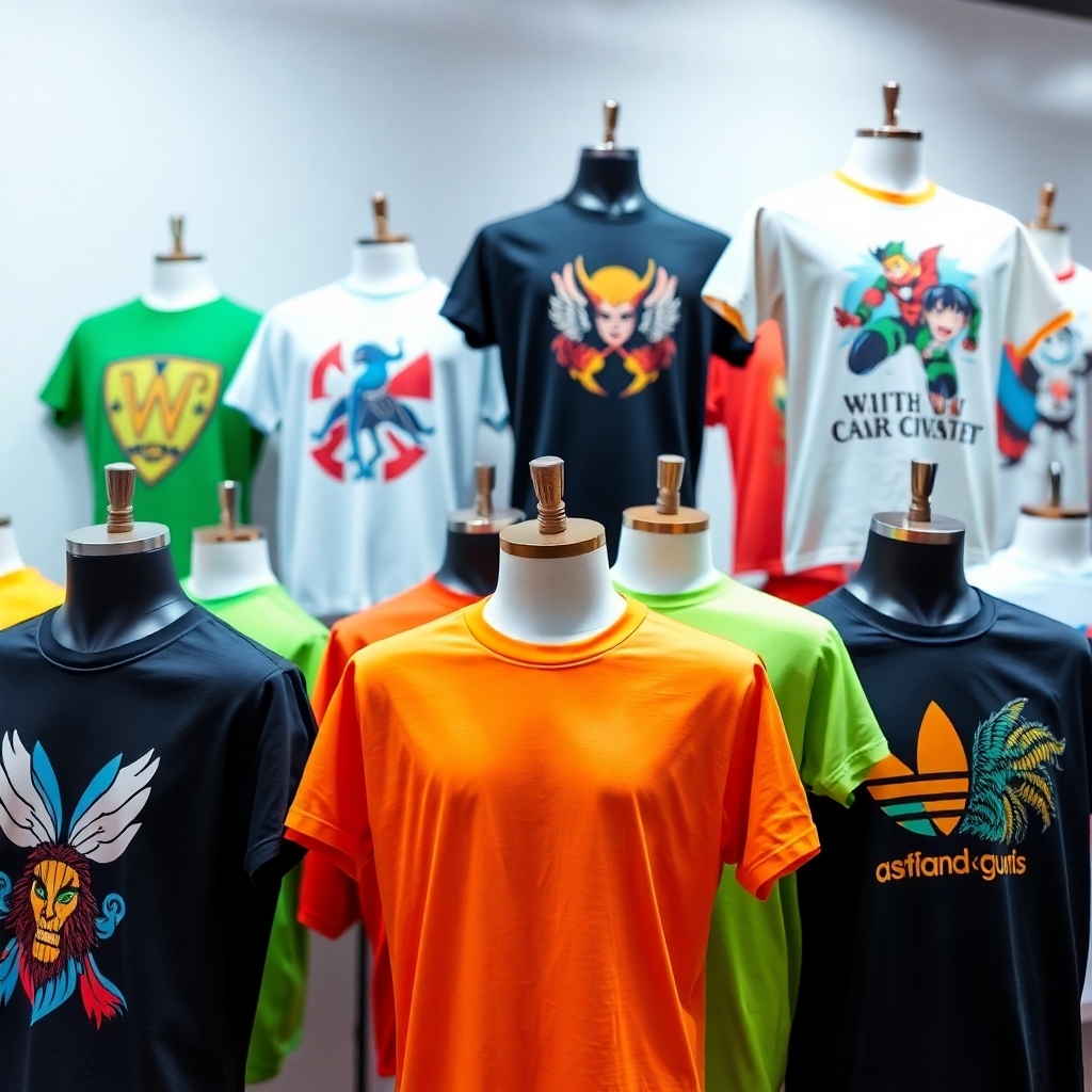 A variety of colorful printed t-shirts displayed on mannequins. Showcase different designs, styles, and printing techniques. Bright, vibrant colors. Technical: 4K, wide-angle.