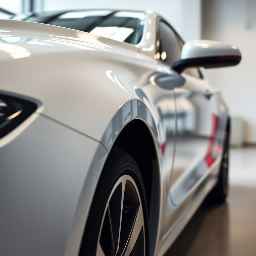 An image showcasing a car with a sparkling clean exterior after a professional detailing service. The car should be parked in a well-lit environment, highlighting its clean surfaces and polished finish. Soft, diffused lighting will create a sense of luxury and quality. Style: Photorealistic. Technical specs: 4K resolution, high-quality rendering.