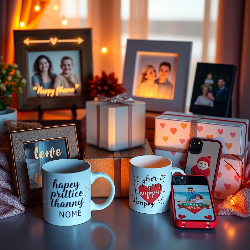 An image showcasing a collection of personalized gifts, including laser-engraved photo frames, custom-printed mugs, and UV-printed phone cases. The gifts should be arranged in a visually appealing manner, highlighting the customization options. Warm, inviting lighting will create a sense of sentimentality. Style: Photorealistic. Technical specs: 4K resolution, high-quality rendering.