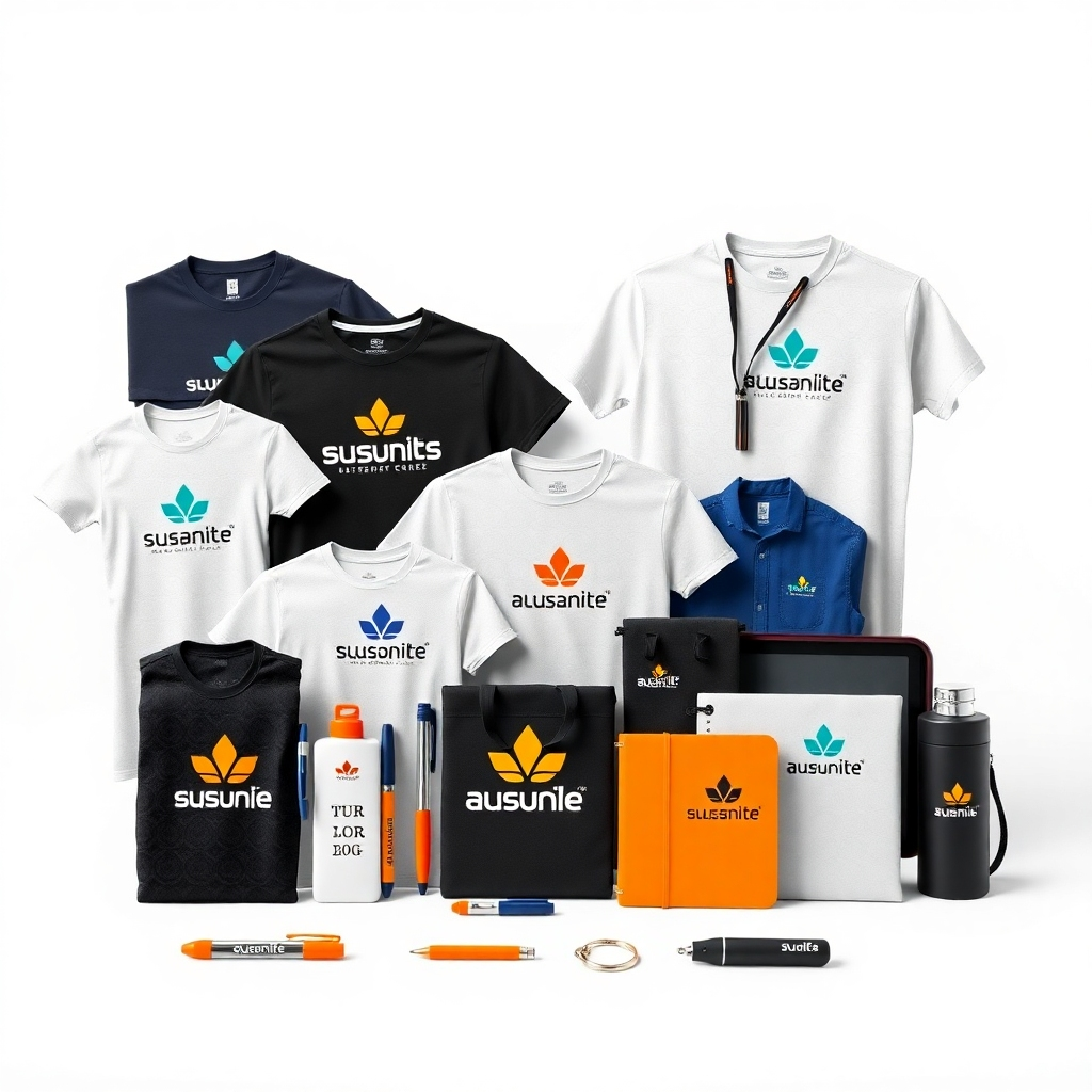 An image showcasing a variety of promotional items with custom logos, including T-shirts, pens, and keychains. The items should be arranged in a visually appealing manner, highlighting the branding options. Clean, professional lighting will enhance the brand's visibility. Style: Photorealistic. Technical specs: 4K resolution, high-quality rendering.