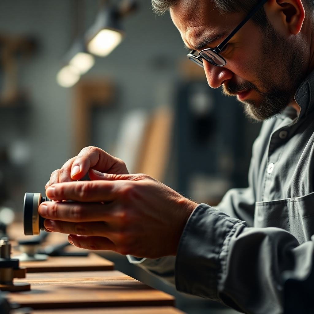 An image symbolizing quality and craftsmanship. The image should feature a craftsman's hands carefully inspecting a finished product. The product should be well-crafted and detailed, showcasing the company's dedication to quality. Soft, ambient lighting will create a sense of trust and reliability. Style: Photorealistic. Technical specs: 4K resolution, high-quality rendering.