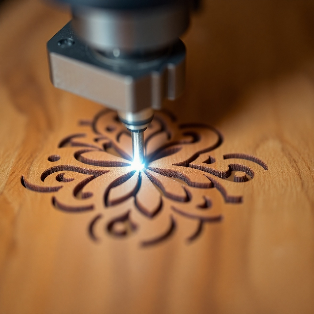 Close-up of a laser cutter precisely carving an intricate design into wood. Focus on the beam and the resulting detail. Dark wood, bright laser beam. Technical: 4K, Macro.